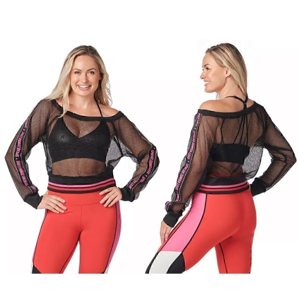 ZUMBA Fitness One Shoulder off shoulder mesh top with bright pink piping XL NWT - Picture 6 of 7